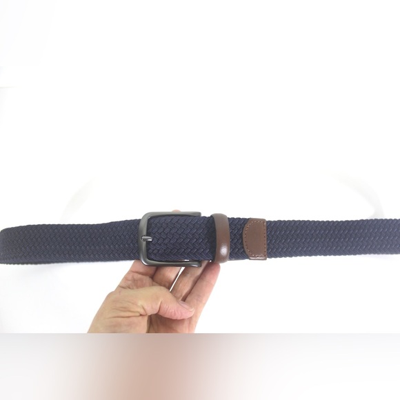 Dark Blue Stretch Belt with Dark Brown Leather Silver Buckle, Leather Detail - Picture 4 of 8